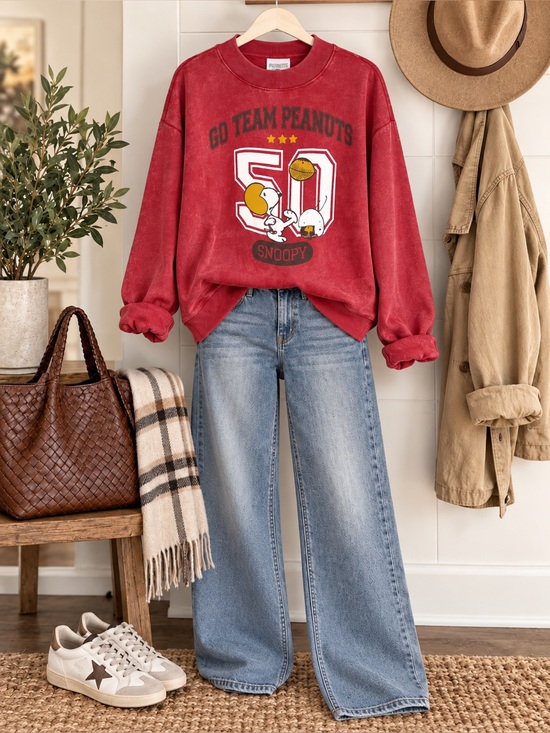 Peanuts Sweaters - Peanuts Red Sweatshirt with Snoopy Graphic football 🏈 oversized restocked sizes